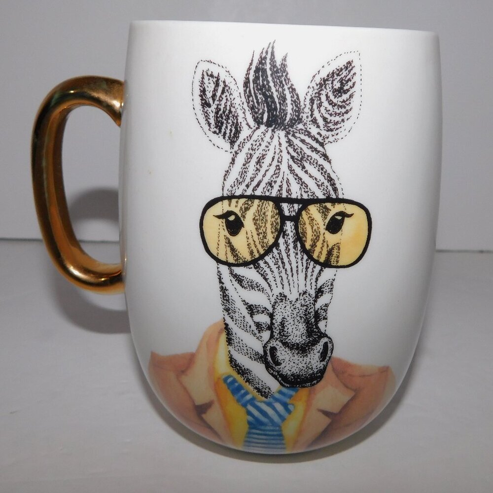 Pier 1 ONE Imports 80s Zebra Coffee tea Mug PI wearing Glasses Gold Handle